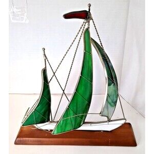 ⛵ Vintage Stained Glass Sailboat – Green & White – 3D Wood Stand ~12"x12"